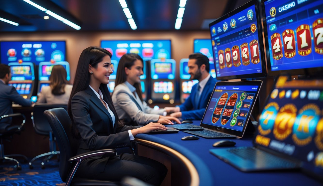 Orang-orang menggunakan laptop dan tablet untuk bermain permainan kasino online di ruangan modern yang terang dan aman.