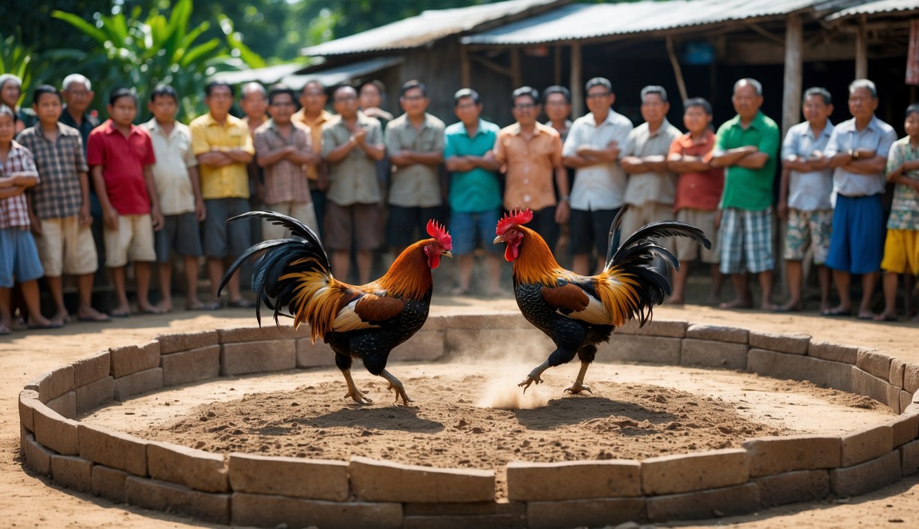 Dua ayam jago bertarung di arena tanah dikelilingi oleh sekelompok orang yang menonton dengan antusias di lingkungan desa.