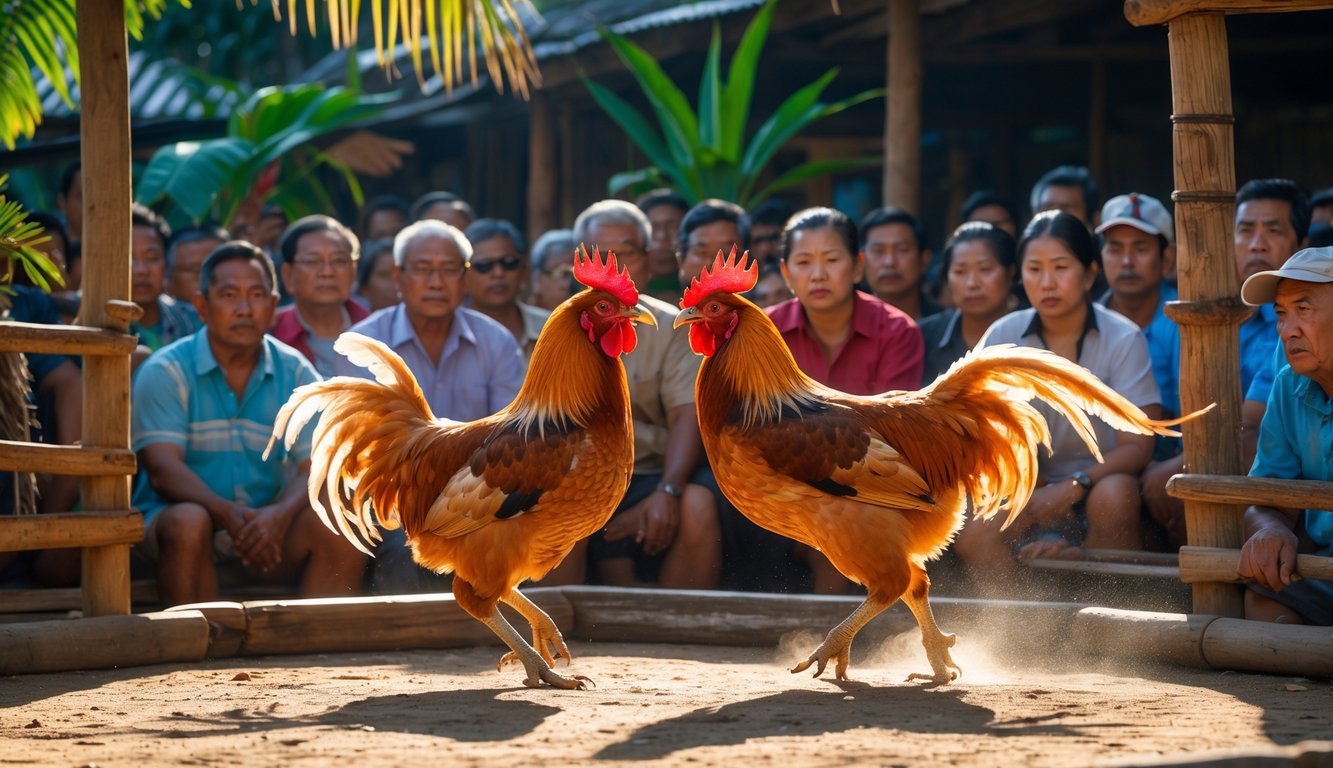Dua ayam jago sedang bertarung di arena kayu dengan penonton yang memperhatikan di sekelilingnya.