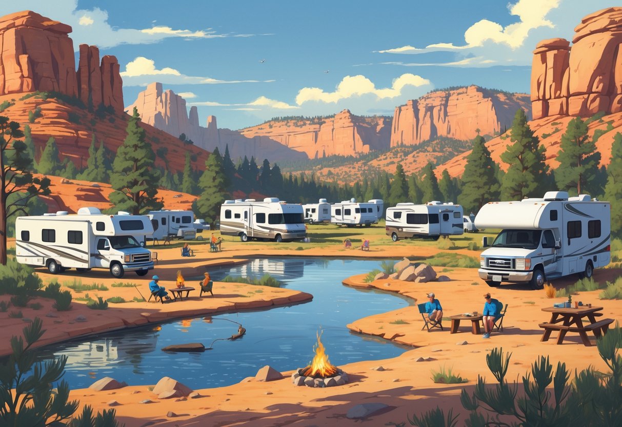 A scenic outdoor area in Utah with RVs parked near red rock formations, trees, and a small lake where people are hiking, fishing, and camping.