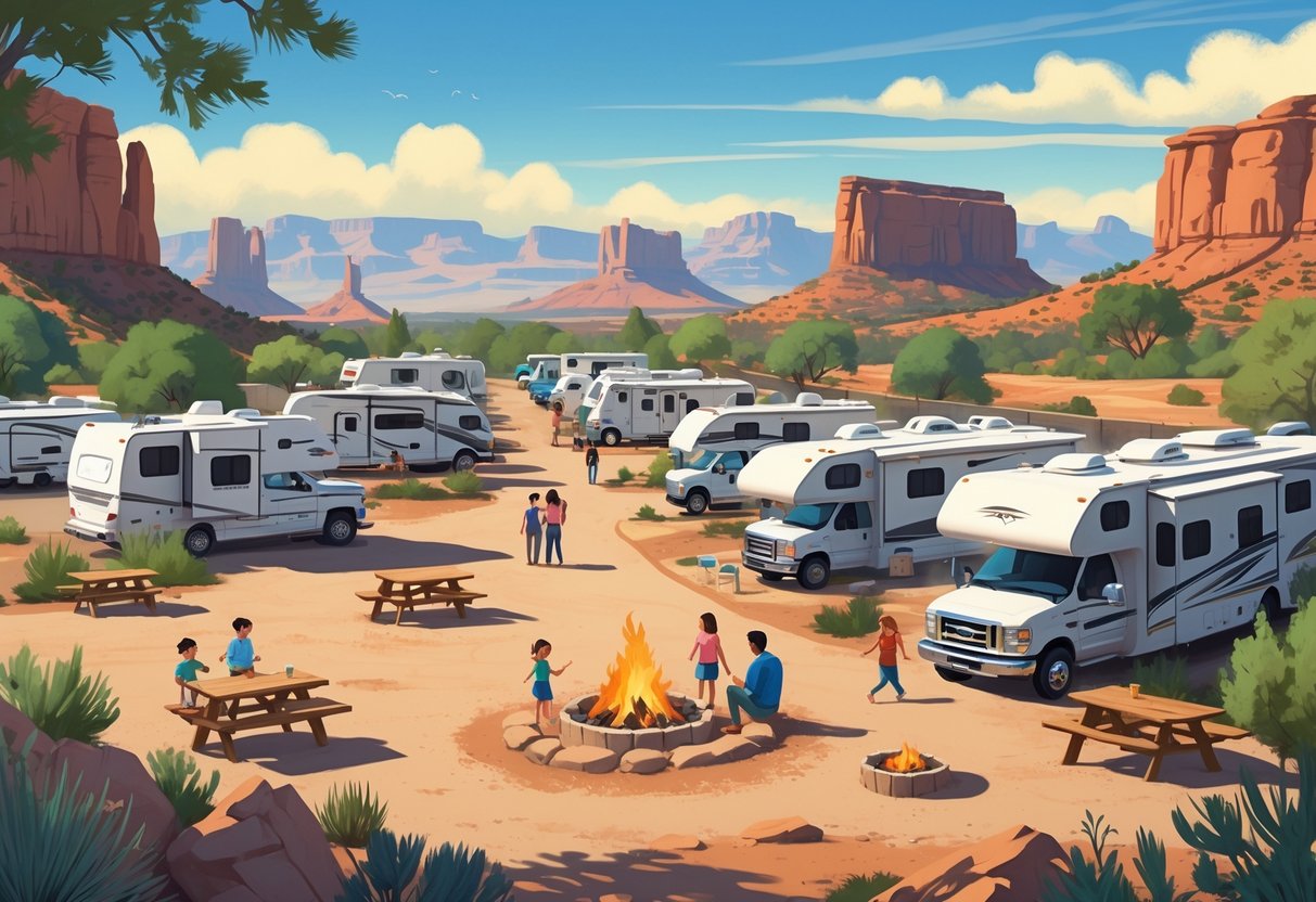 A scenic RV park in Utah with several RVs parked near red rock formations and families enjoying outdoor activities.