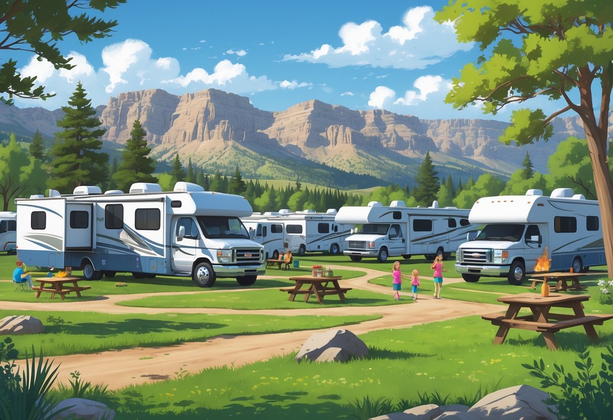A scenic RV park near mountains with several parked RVs, green trees, and people enjoying outdoor activities.
