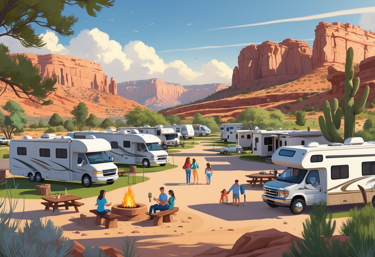 A scenic view of RVs parked in campgrounds surrounded by red rock formations and desert plants with people enjoying outdoor activities.