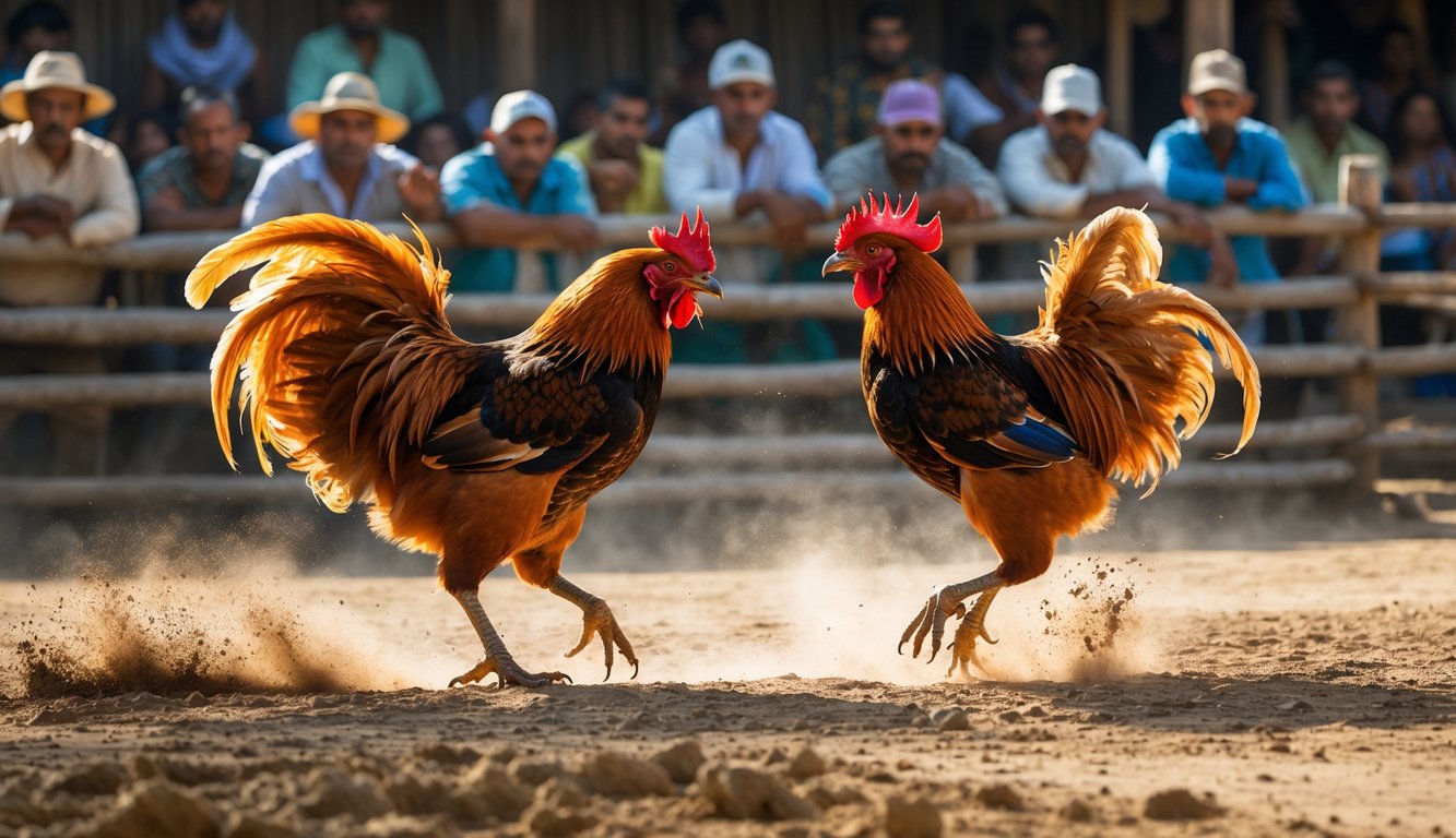 Dua ayam jago sedang bertarung di arena luar ruangan dengan penonton di latar belakang.