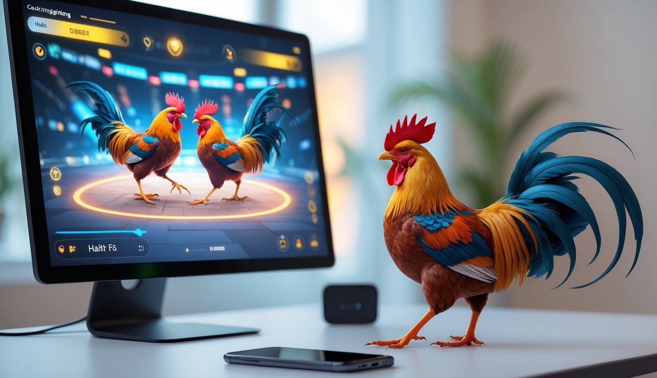Layar komputer dan ponsel menampilkan ayam jago virtual sedang bertarung dalam arena digital.