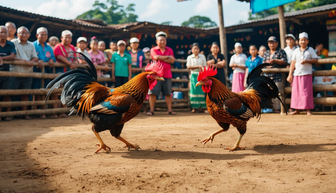Pertandingan sabung ayam tradisional dengan dua ayam jago bertarung di arena dan penonton yang antusias mengelilingi.