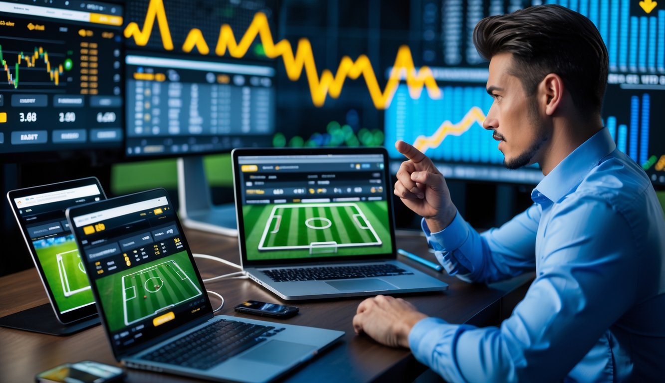Seseorang sedang menggunakan beberapa perangkat digital untuk memasang taruhan sepak bola dengan latar belakang grafik dan papan skor digital.