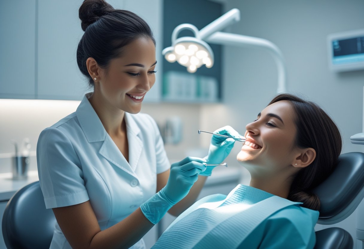 A dental hygienist cleaning a patient's teeth in a modern dental clinic, both appearing comfortable and engaged.