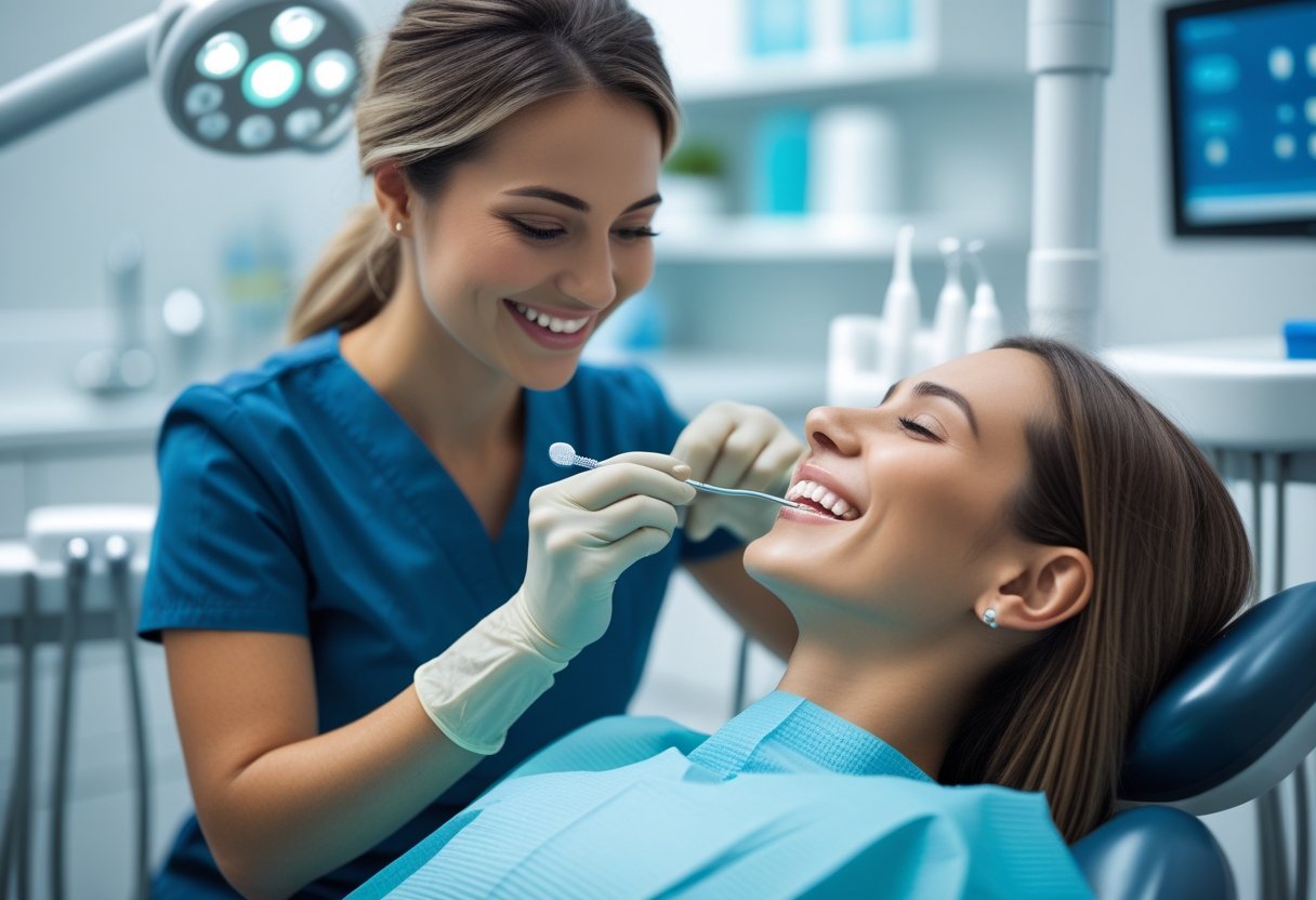 A dental hygienist cleaning a patient's teeth in a modern dental clinic, both appearing comfortable and engaged.
