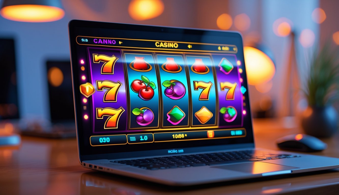 Layar laptop menampilkan permainan slot kasino online dengan simbol warna-warni di atas meja kayu di ruangan yang nyaman.