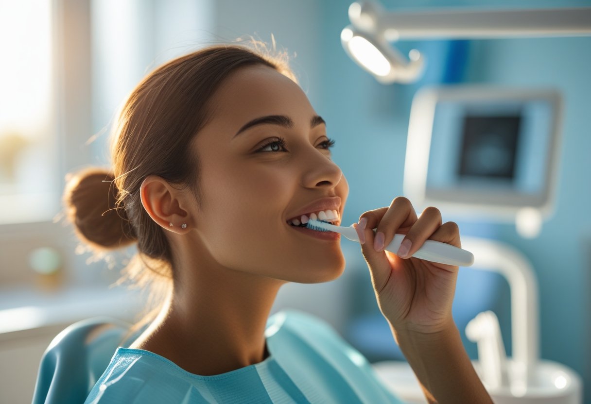 A person brushing their teeth in a modern dental clinic.