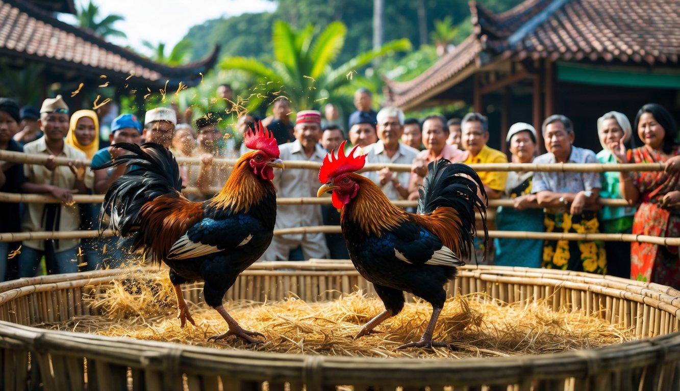 Dua ayam aduan sedang bertarung di arena melingkar dengan penonton Indonesia yang antusias mengelilingi mereka.