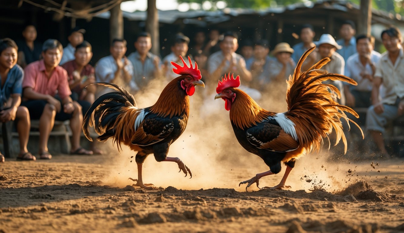 Dua ayam jago sedang bertarung di arena terbuka dengan penonton di sekitarnya.