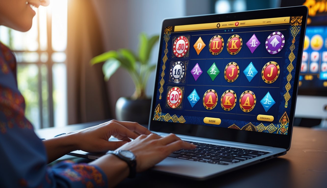 Seseorang menggunakan komputer dengan tampilan permainan kasino online yang berwarna-warni di ruangan yang terang.