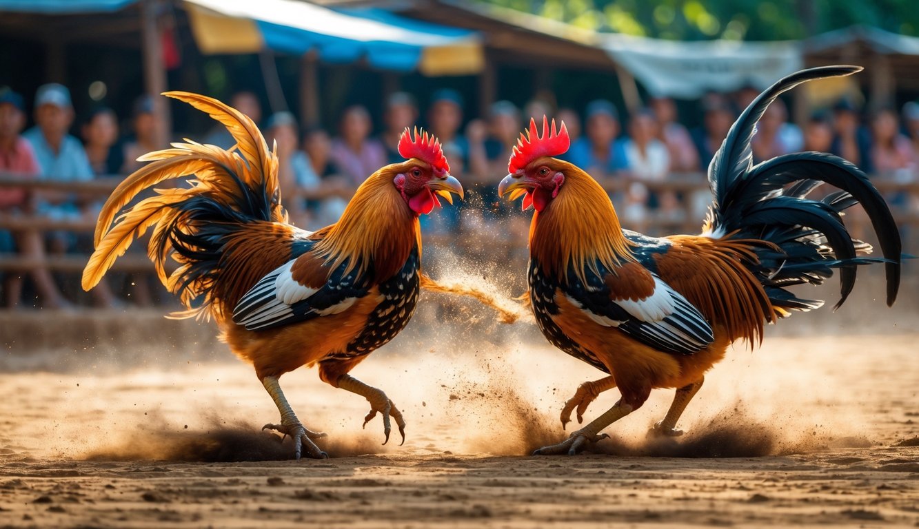 Dua ayam jago sedang bertarung di arena dengan penonton di latar belakang.