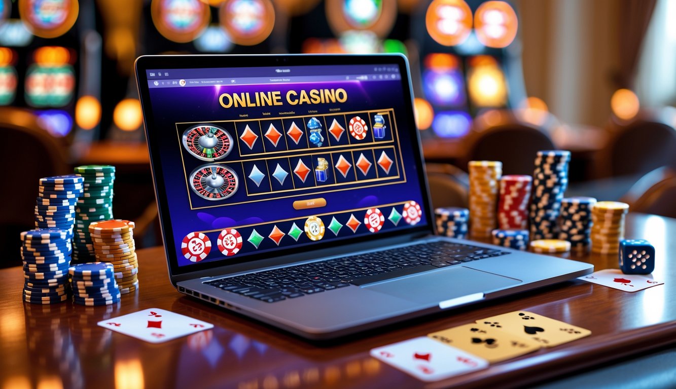 Sebuah laptop modern dengan tampilan permainan kasino online, dikelilingi oleh chip poker, kartu remi, dan dadu di atas meja kayu.