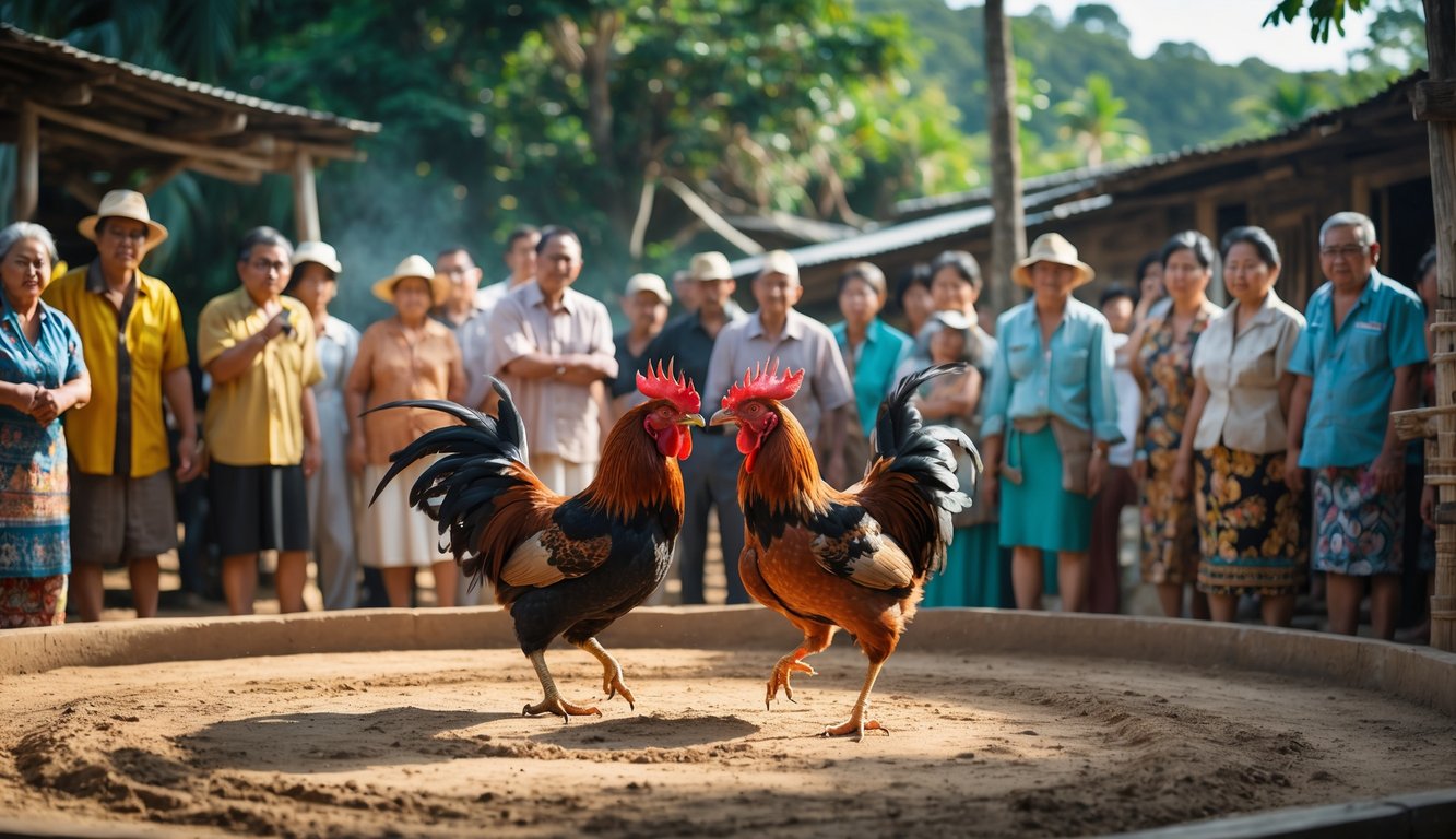 Dua ayam jago sedang bertarung di arena tanah dikelilingi oleh penonton yang antusias di lingkungan pedesaan.