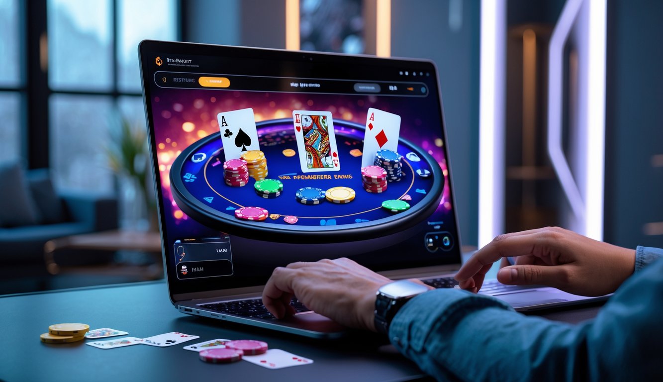 Seorang pemain sedang bermain poker online dengan laptop di meja yang rapi dan pencahayaan modern.