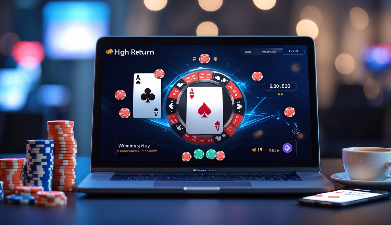 Seorang pemain duduk di depan komputer dengan layar menampilkan permainan poker online dan tumpukan chip poker di meja.