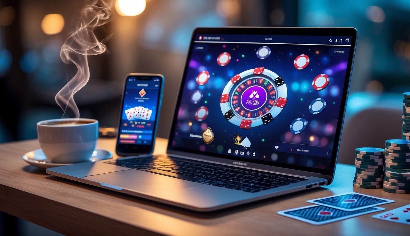 Seorang pemain poker online menggunakan laptop dengan chip poker dan kartu di meja, suasana malam hari.