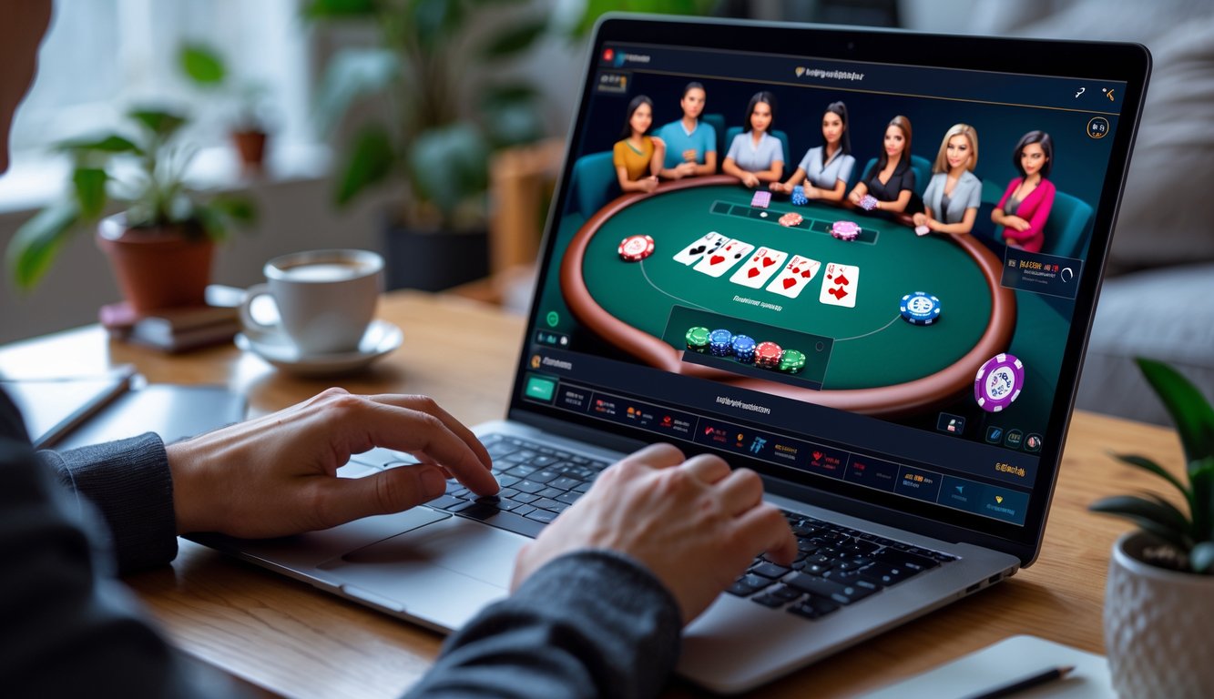 Seseorang bermain poker online di laptop dengan meja poker digital dan chip warna-warni di ruang tamu yang nyaman.