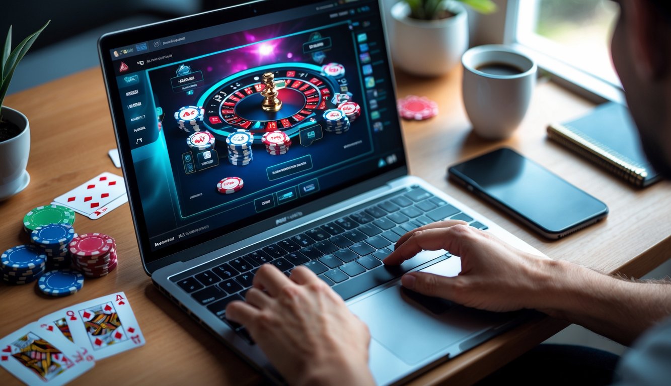 Seseorang bermain poker online di depan laptop dengan chip poker dan kartu di meja, di ruang kerja yang terang dan rapi.