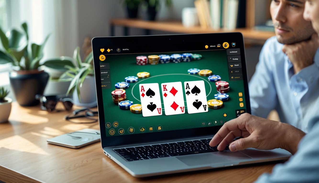 Seorang pemain poker online sedang bermain di laptop di meja kayu dengan latar belakang ruangan rumah yang rapi dan nyaman.