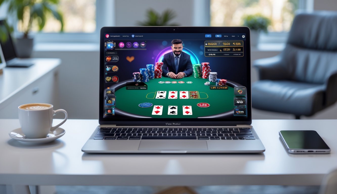 Seseorang bermain poker online di depan komputer dengan chip poker dan kartu terlihat di layar.