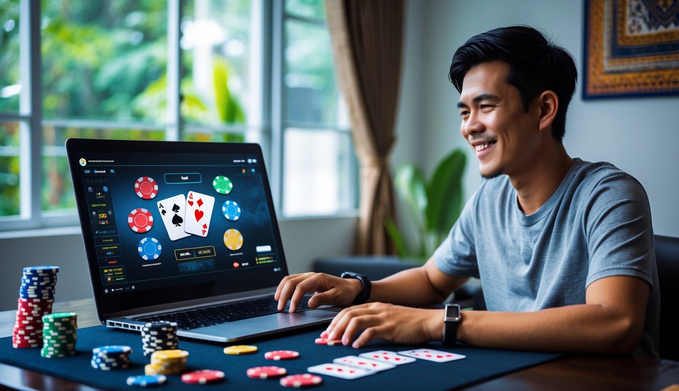 Seorang pria muda Indonesia bermain poker online di depan laptop dengan chip dan kartu poker di meja.