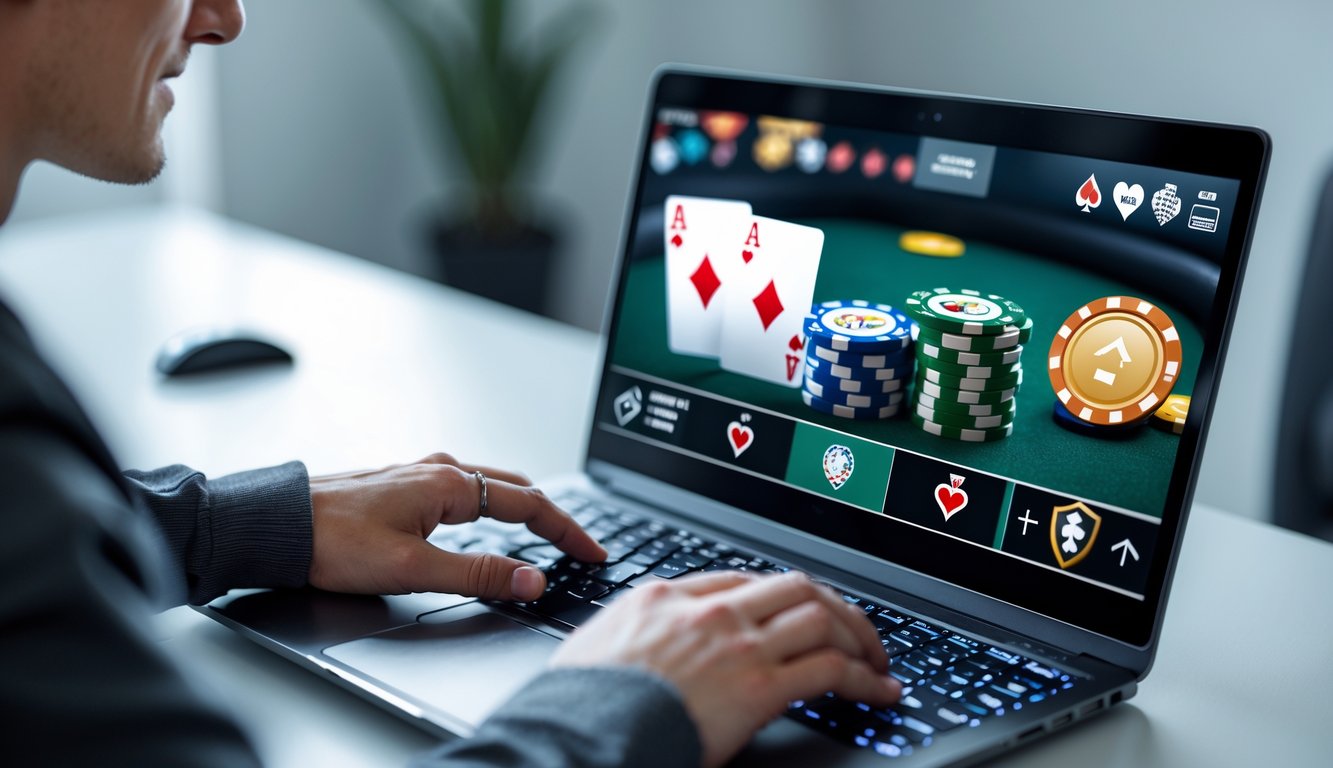 Seseorang sedang bermain poker online di laptop di ruang kerja yang rapi dan aman.