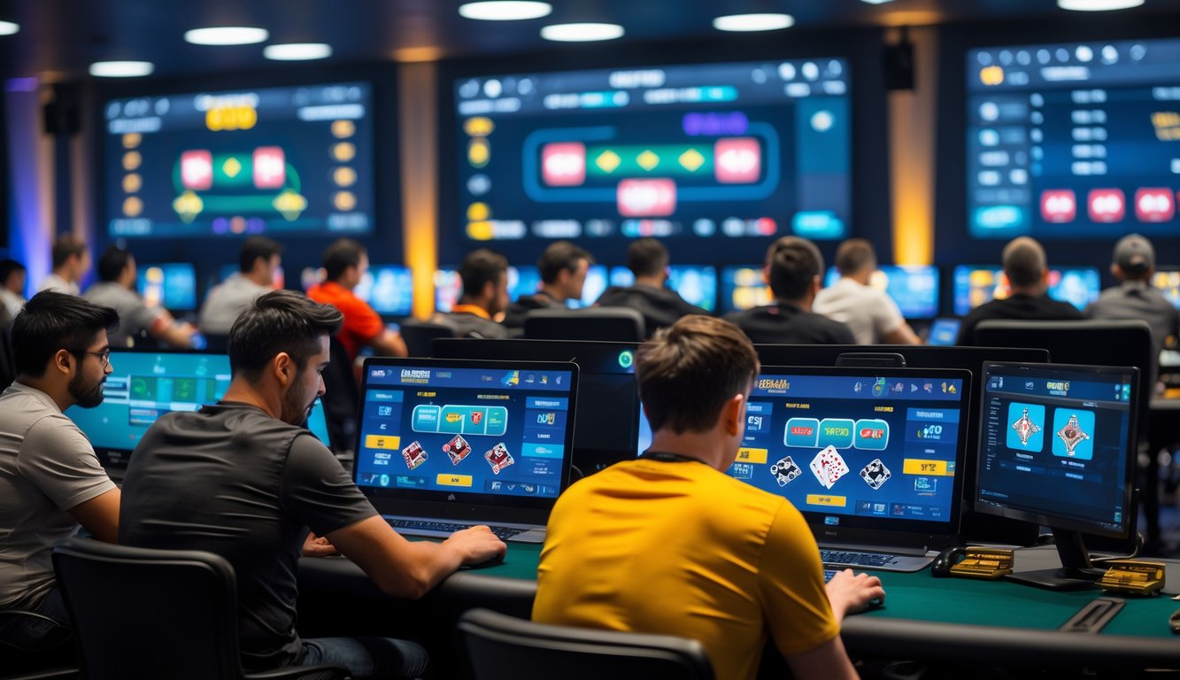 Beberapa pemain poker online serius bermain di depan komputer dalam turnamen besar.