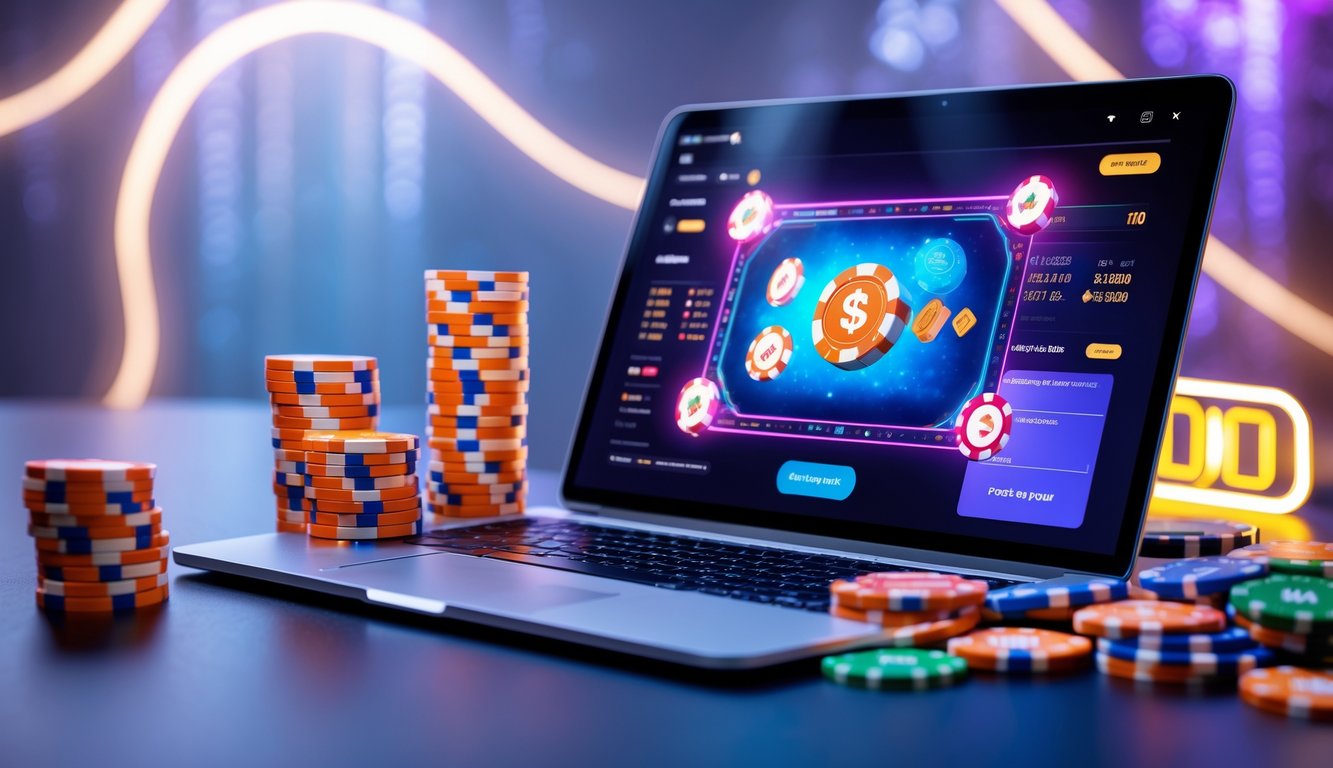 Seorang pemain duduk di depan laptop dengan tumpukan chip poker dan ponsel yang menampilkan aplikasi dompet digital, suasana terkait permainan poker online.
