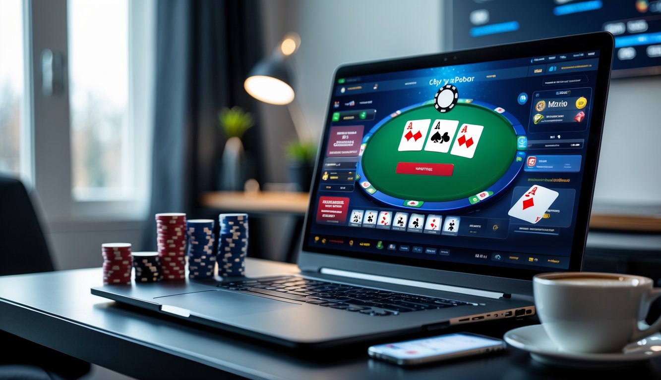 Seseorang bermain poker online di komputer dengan tumpukan chip poker dan ponsel yang menampilkan notifikasi cashback di meja kerja.