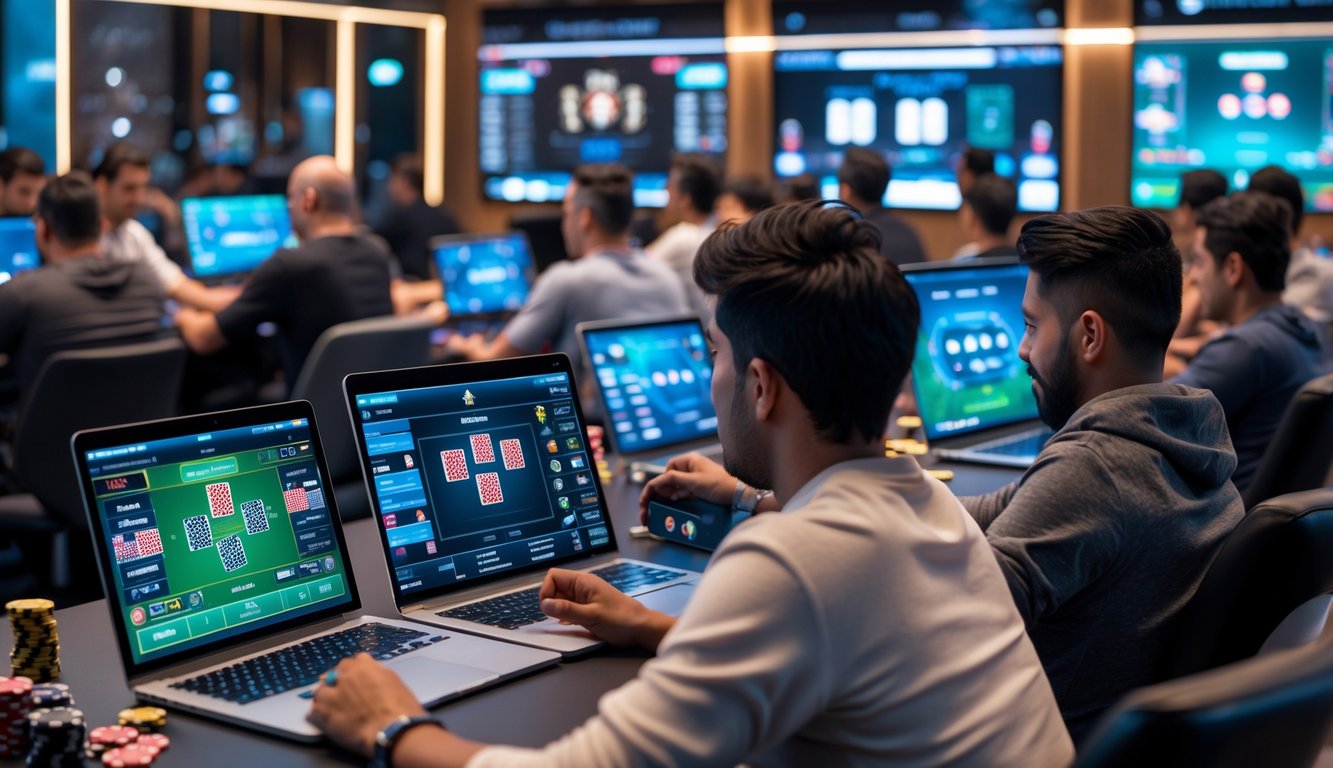 Sejumlah orang dari berbagai usia dan latar belakang sedang bermain poker online menggunakan laptop dan tablet di ruangan yang terang dan modern.