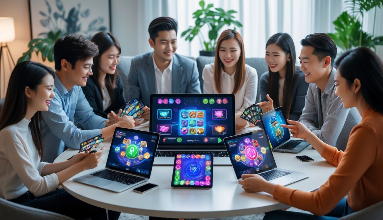 Sekelompok orang muda bermain permainan kartu online bersama di ruang tamu modern dengan perangkat digital.