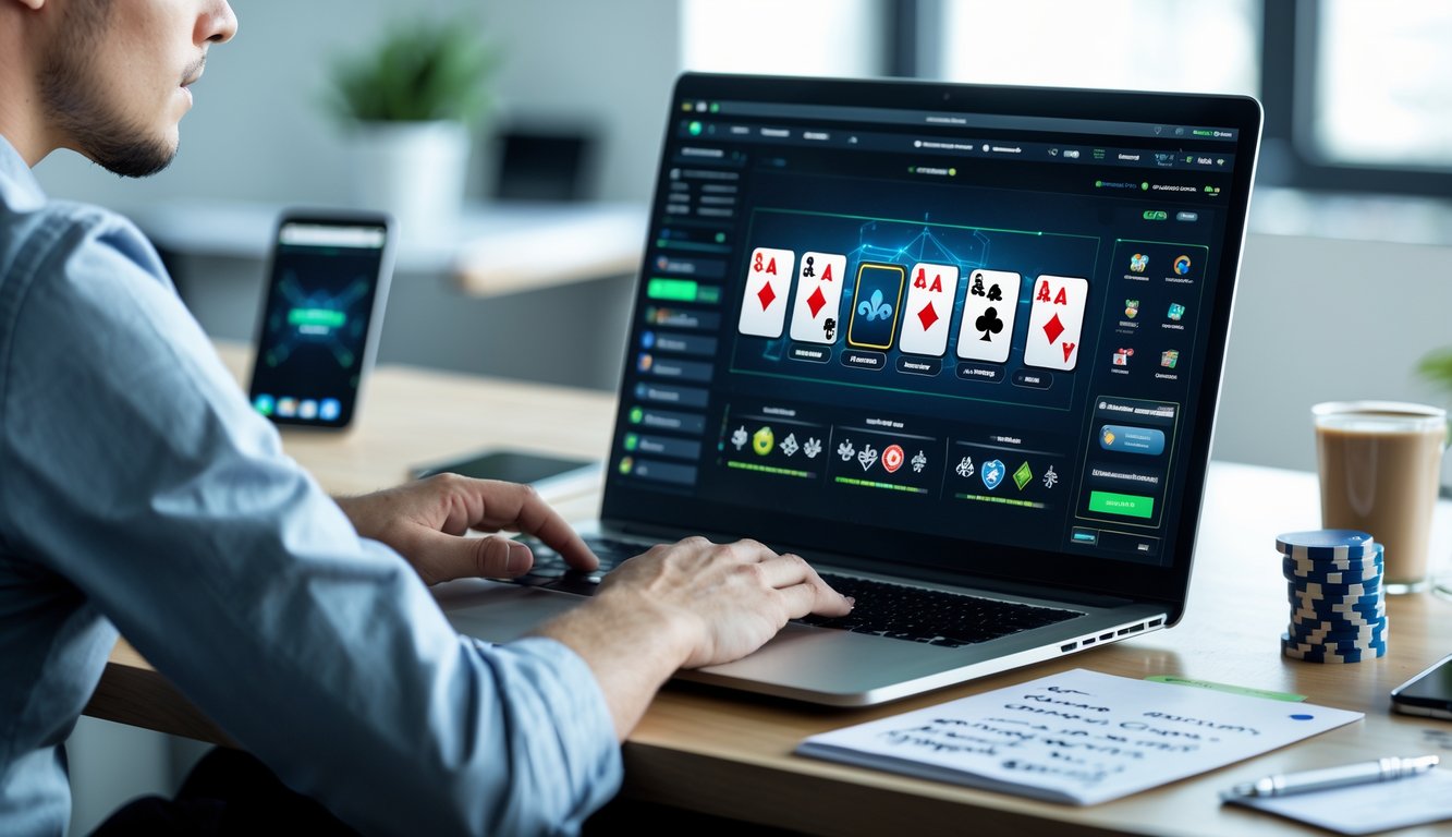 Seseorang sedang menggunakan laptop dengan permainan kartu digital di meja kerja yang rapi dan terang.