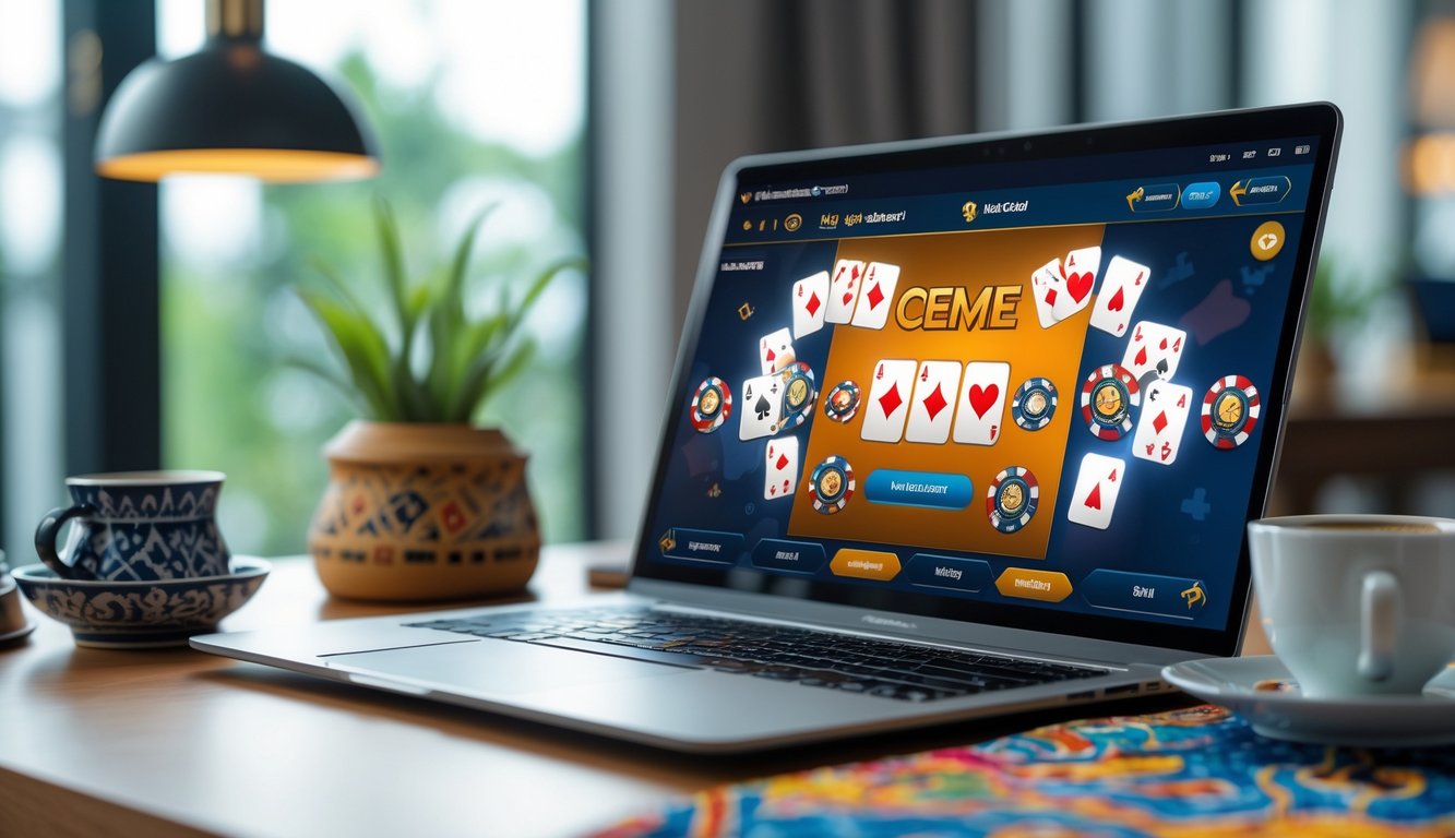 Seorang pengguna bermain permainan Ceme online di laptop dengan dekorasi batik dan kopi di meja.