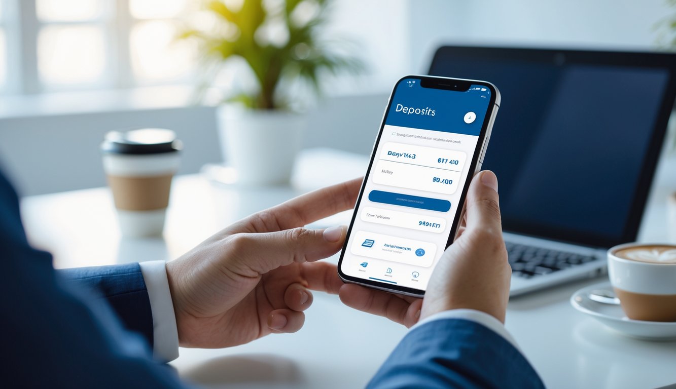 Seseorang memegang ponsel dengan aplikasi perbankan online di meja kerja yang terang dan rapi.