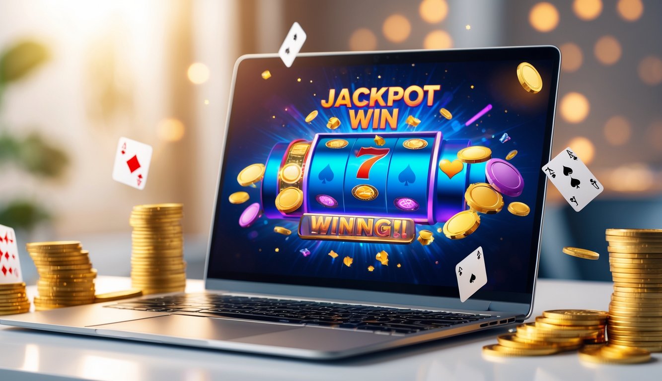 Seorang pria tersenyum melihat layar laptop yang menampilkan permainan jackpot online dengan chip poker dan koin emas di sekitar meja.