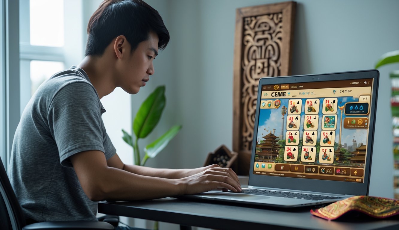 Seseorang sedang bermain permainan kartu Ceme secara online di depan laptop di ruang kerja rumah.