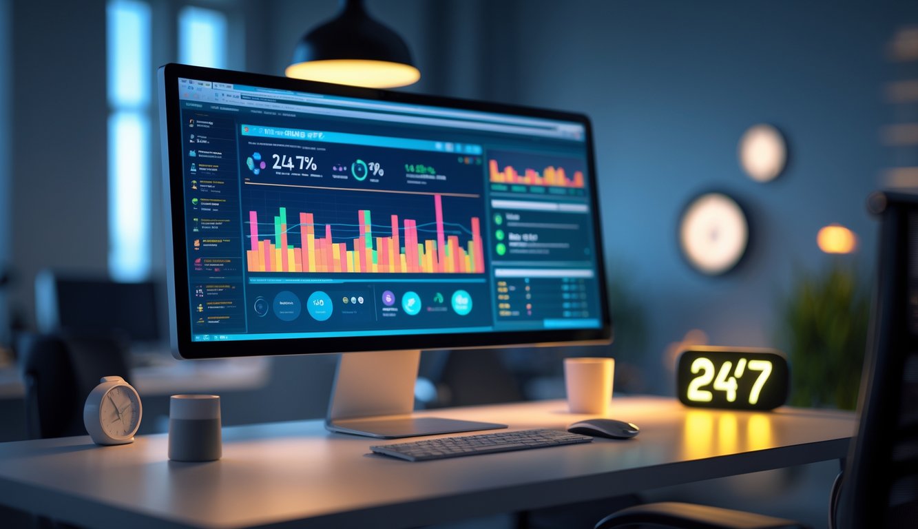 Meja kerja modern dengan komputer yang menunjukkan aktivitas online sepanjang waktu, dilengkapi dengan jam digital dan suasana kantor yang nyaman.