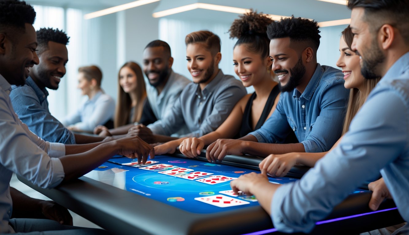 Sekelompok orang bermain kartu secara online di meja touchscreen dalam ruangan modern dan terang.