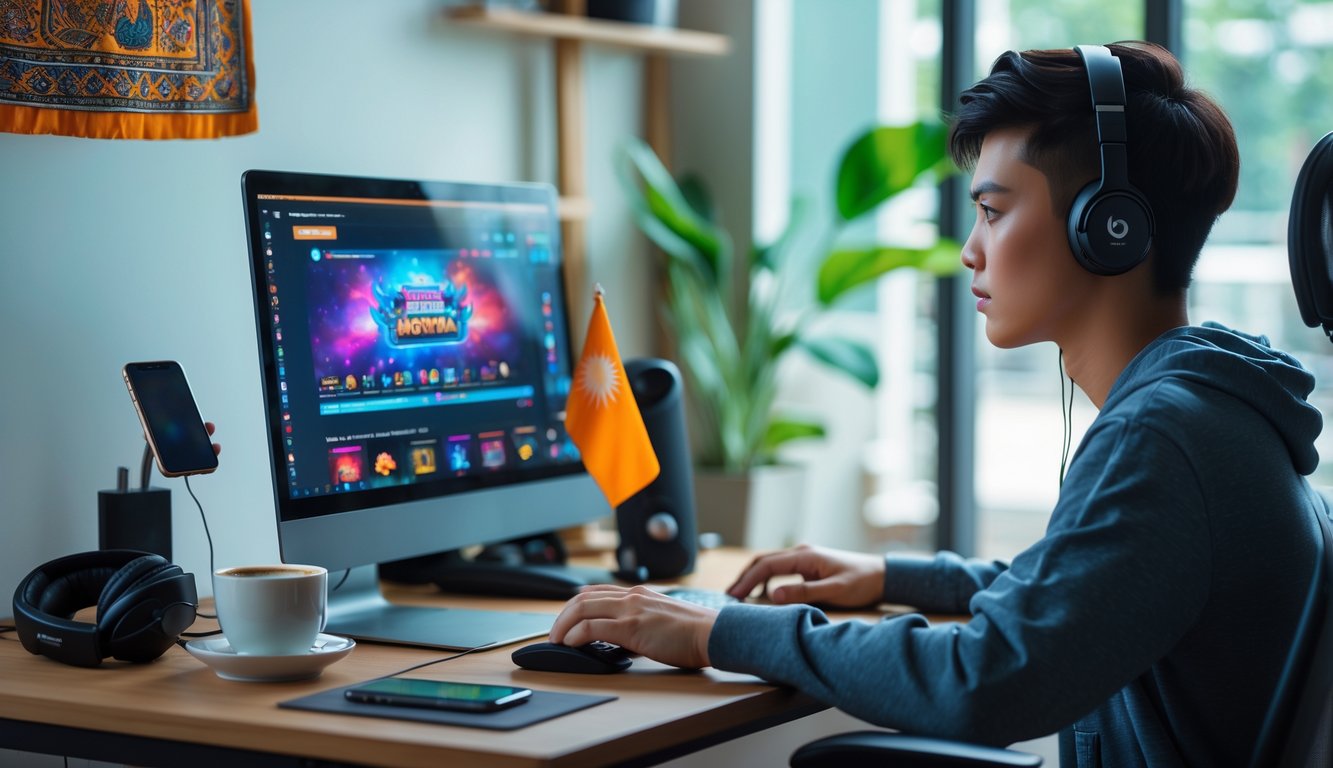 Seorang dewasa muda sedang menggunakan komputer dengan tampilan permainan online di meja kerja yang rapi dan terang, dengan elemen dekorasi khas Indonesia di latar belakang.