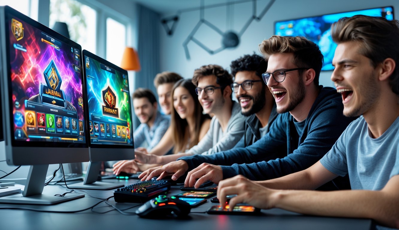 Sekelompok orang muda bermain permainan kartu secara online di depan komputer dengan ekspresi antusias dan fokus.