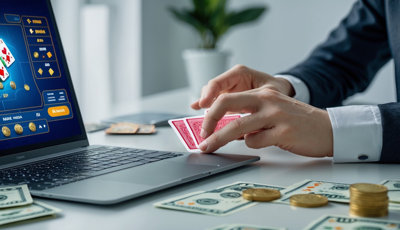 Seseorang menggunakan komputer dengan permainan kartu online dan uang nyata di atas meja.