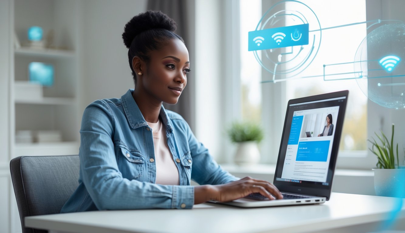 Seseorang menggunakan laptop di ruang kerja modern dengan pencahayaan alami, tampak fokus dan percaya diri.