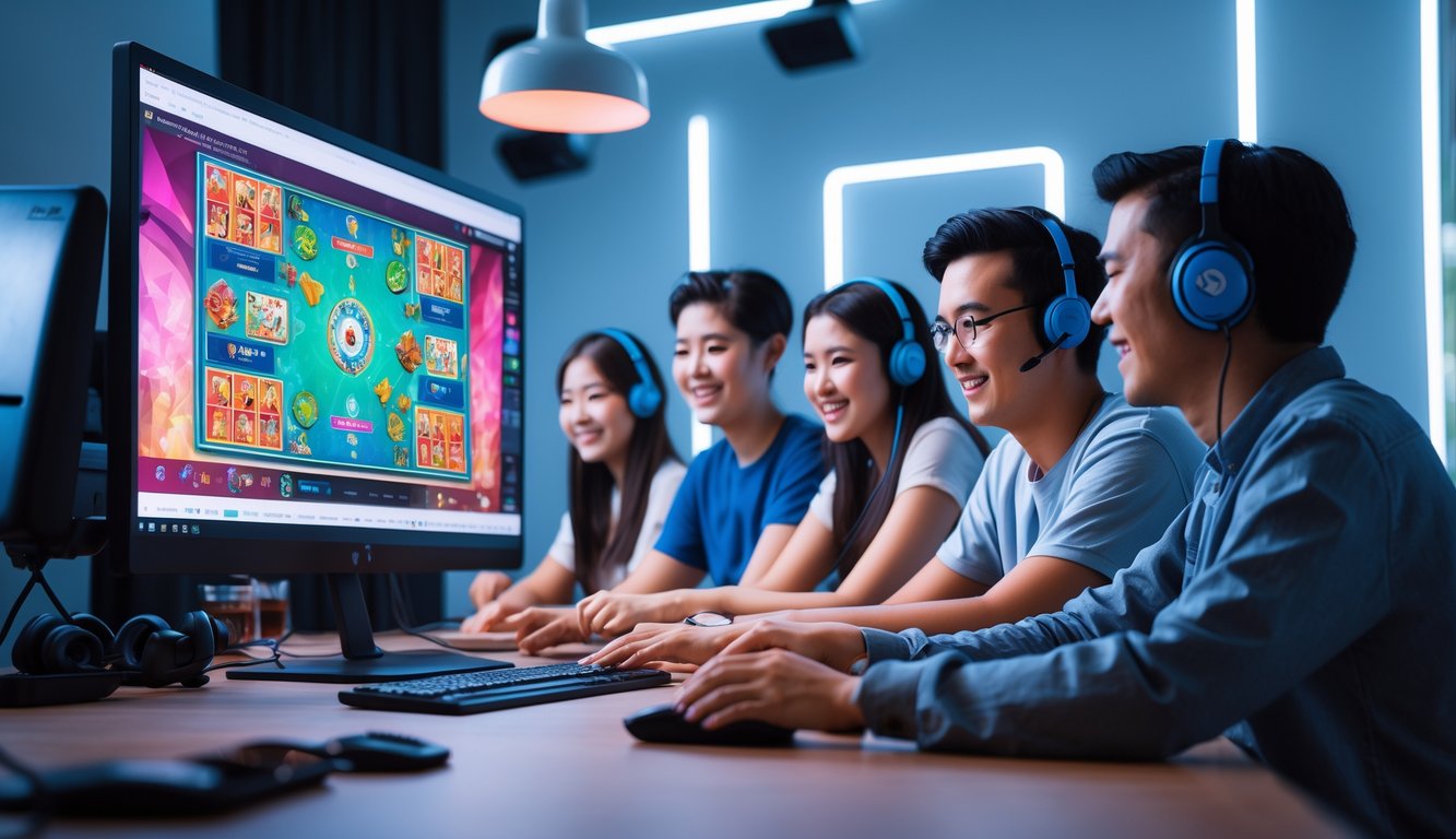 Sekelompok orang muda bermain permainan kartu Ceme secara online di depan komputer dalam ruangan yang terang dan modern.