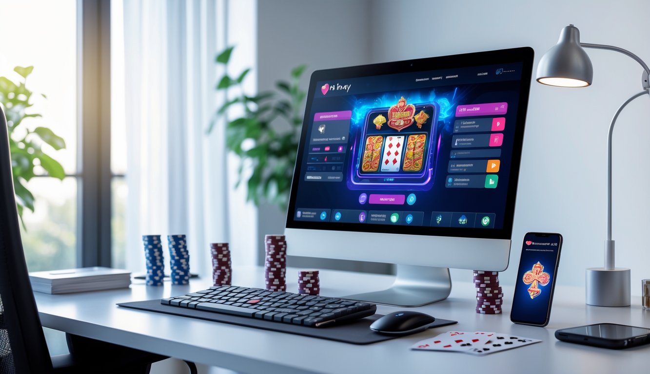 Meja kerja modern dengan komputer yang menampilkan permainan kartu online, dikelilingi oleh chip poker dan kartu bermain.