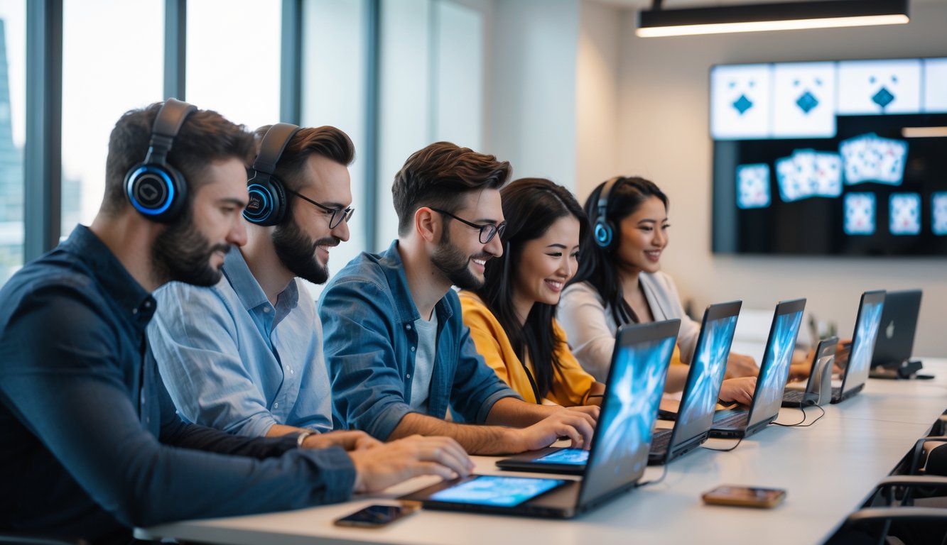 Sekelompok orang sedang bermain game kartu secara online di kantor modern yang terang dengan perangkat digital.