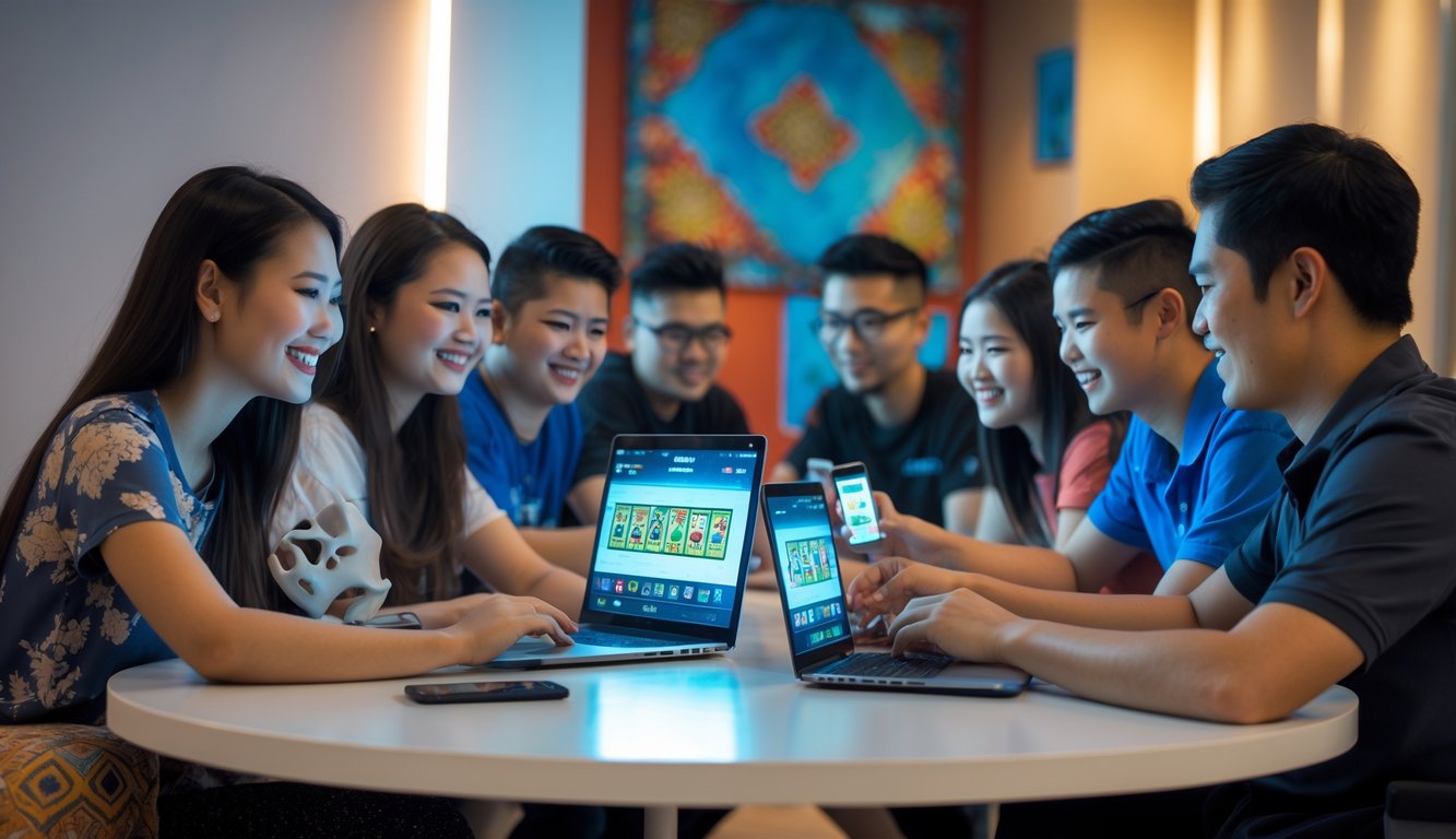 Sekelompok orang muda bermain permainan kartu online di meja dengan perangkat digital di ruangan yang nyaman dan hangat.